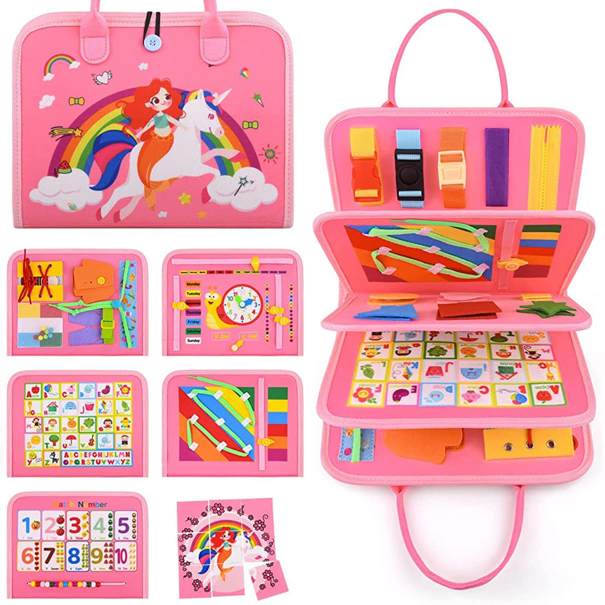 PATPAT Busy Board for Toddlers 2-4 Montessori Toys for Toddlers Preschool Life Skill Learning Toy Fine Motor Silll Learning Game Board, Rainbow Unicorn Travel Busy Board Toy Gift for Kids PATPAT Busy Board for Toddlers 2-4 Montessori Toys for Toddlers Preschool Life Skill Learning Toy Fine Motor Silll Learning Game Board, Rainbow Unicorn Travel Busy Board Toy Gift for Kids